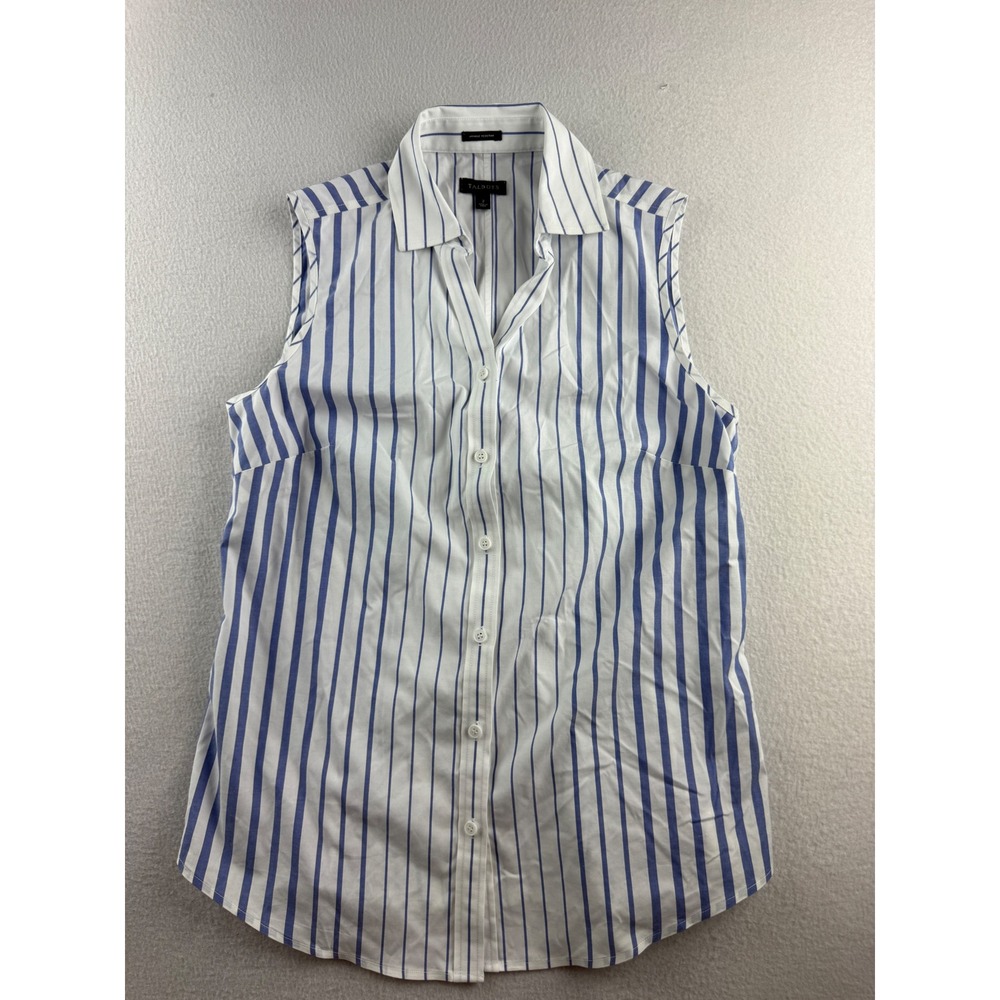 Talbots Womens Blue White Striped Sleeveless Button Down Shirt Size 2 Wrinkle‎